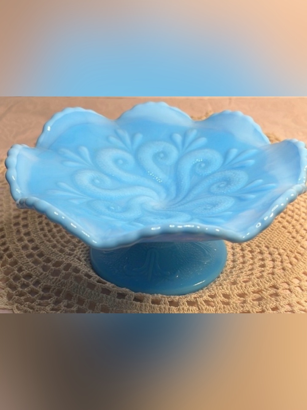 Vintage Dugan Delphite Blue S-Repeat Octopus Pedestal Bon Bon Compote Dish 6.5”